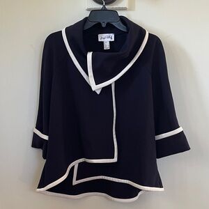 Joseph Ribkoff Navy Blue White Trim Swing Jacket Coat Open Front Blazer Size 6